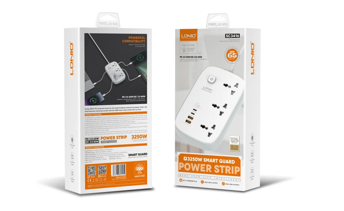 Ldnio SC3416 65W PD 3 Sockets/ 2 USB Power Strip